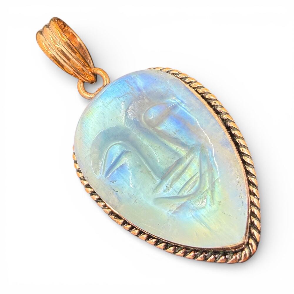 Carved Moonstone Face Copper Pendant Artisan Crafted Man in the Moon Handmade